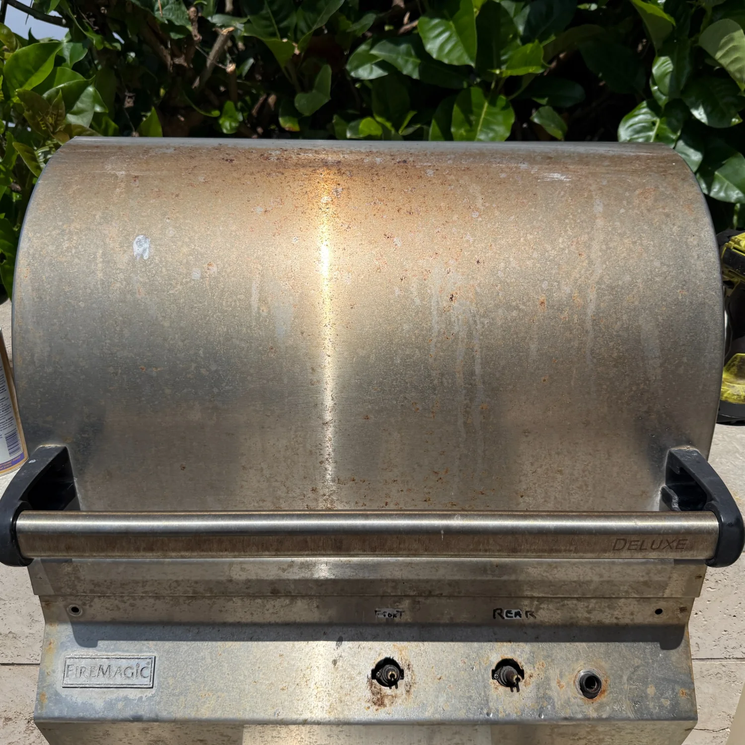 Dirty stainless grill before cleaning